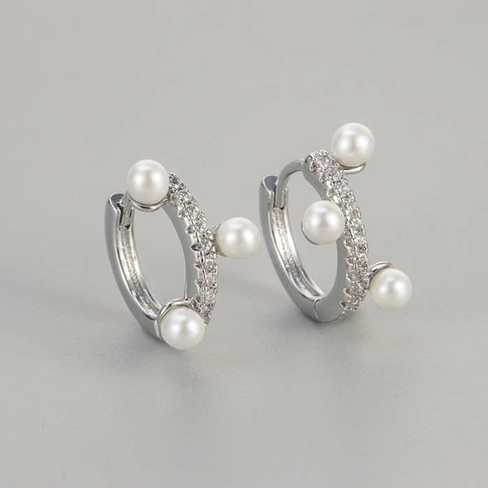 Foreign Trade Korean-style Zircon-inlaid Pearl Earrings for Women, Simple and Fashionable Niche Design Hoop Earrings