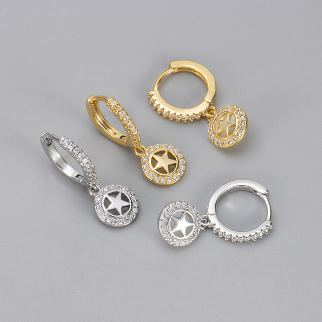 Luxury Fully Stone-Set Earrings for Women, Hollow Pentagram Pendant Hoop Earrings, Unique High-End Elegant Circle Earrings