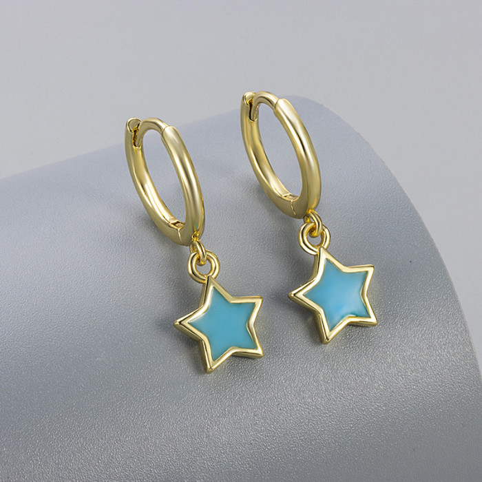 Colorful Enamel Pentagram Hoop Earrings for Women, Unique Enamel Star Pendant Earrings, Simple and Versatile Circle E...