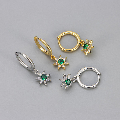 Vintage Emerald Sunflower Earrings, Niche Light Luxury Zircon Hoop Earrings, High-End Earrings for Women