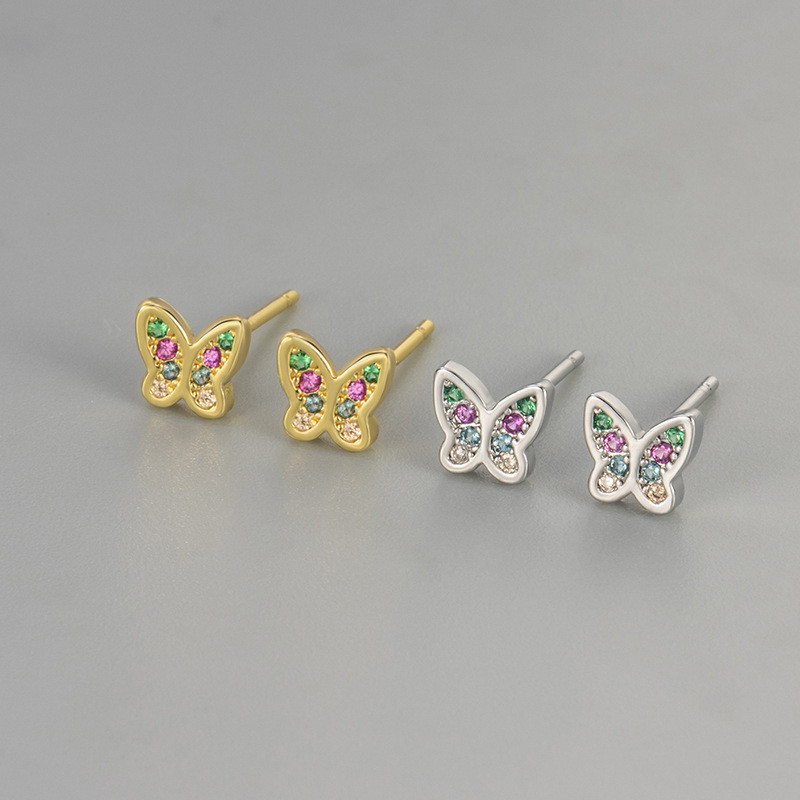 Butterfly-shaped Colorful Zircon Earrings for Women, Fashionable, Small, Sweet, and Exquisite, Versatile Style Earrings