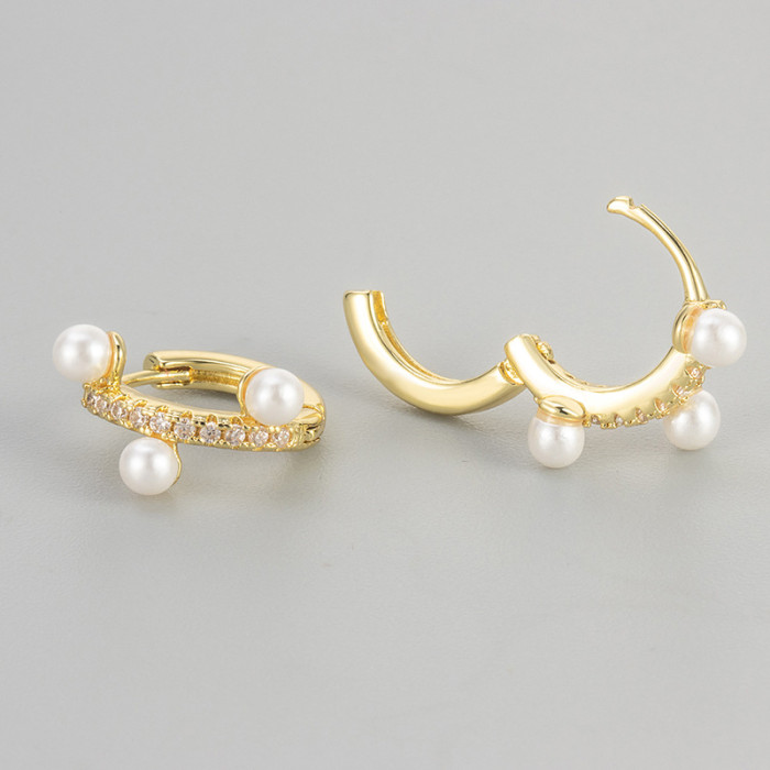 Foreign Trade Korean-style Zircon-inlaid Pearl Earrings for Women, Simple and Fashionable Niche Design Hoop Earrings