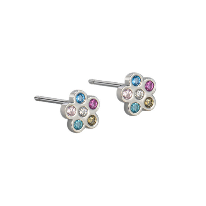 Colorful Zircon Flower Stud Earrings for Women, Small and Exquisite, Korean Style Fashionable Versatile Earrings, Min...