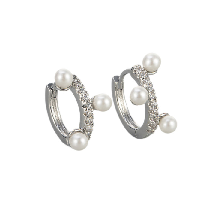 Foreign Trade Korean-style Zircon-inlaid Pearl Earrings for Women, Simple and Fashionable Niche Design Hoop Earrings