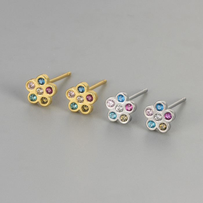 Colorful Zircon Flower Stud Earrings for Women, Small and Exquisite, Korean Style Fashionable Versatile Earrings, Min...