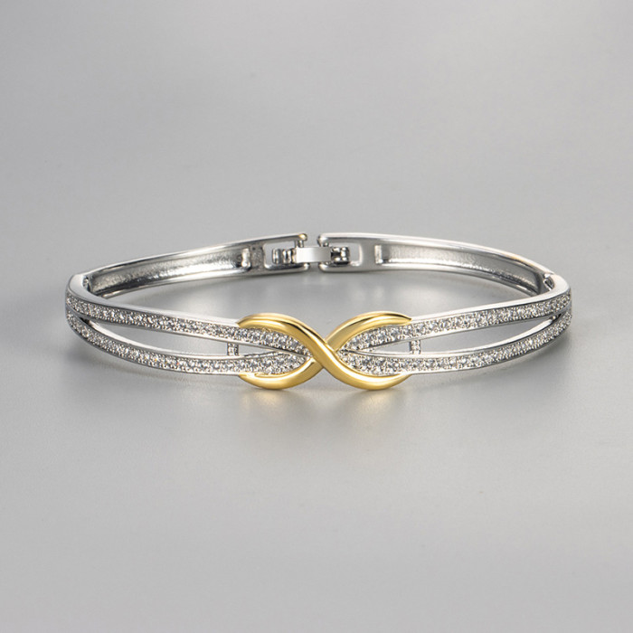 New Fashionable Fully Stone-Set Figure-eight Cross Two-tone Bracelet, Versatile, Elegant, Exquisite, and High-end Women'...