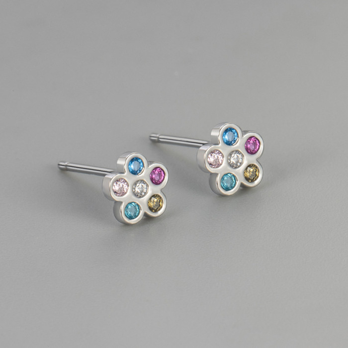 Colorful Zircon Flower Stud Earrings for Women, Small and Exquisite, Korean Style Fashionable Versatile Earrings, Min...