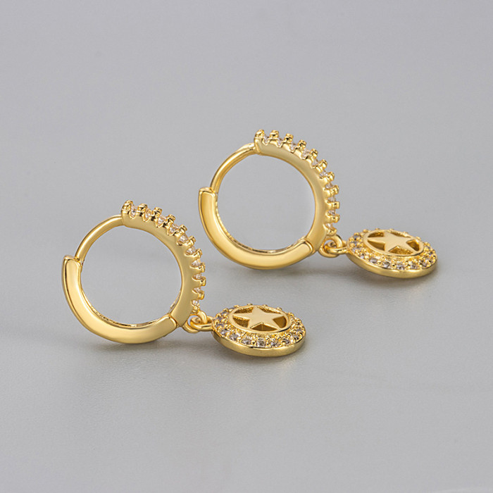 Luxury Fully Stone-Set Earrings for Women, Hollow Pentagram Pendant Hoop Earrings, Unique High-End Elegant Circle Earrings