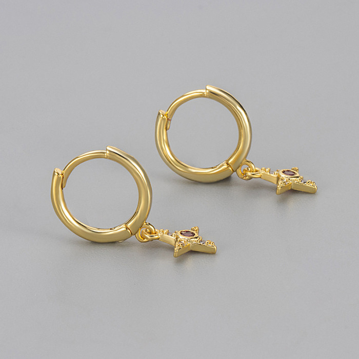 Rose Red Zircon Four-pointed Star Earrings, Niche Vintage Micro-inlaid Exquisite Hoop Earrings, Light Luxury High-end...