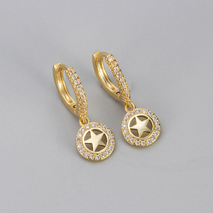 Luxury Fully Stone-Set Earrings for Women, Hollow Pentagram Pendant Hoop Earrings, Unique High-End Elegant Circle Earrings