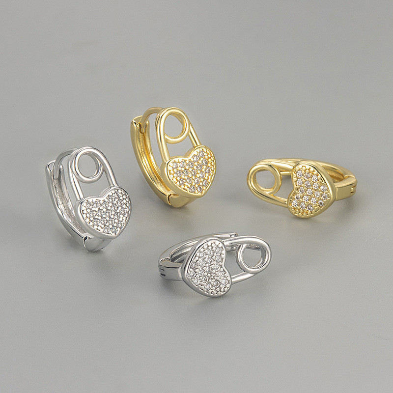 Foreign Trade Micro-inlaid Zircon Heart-shaped Clasp Earrings for Women, Fashionable, Versatile, Simple and Elegant,...