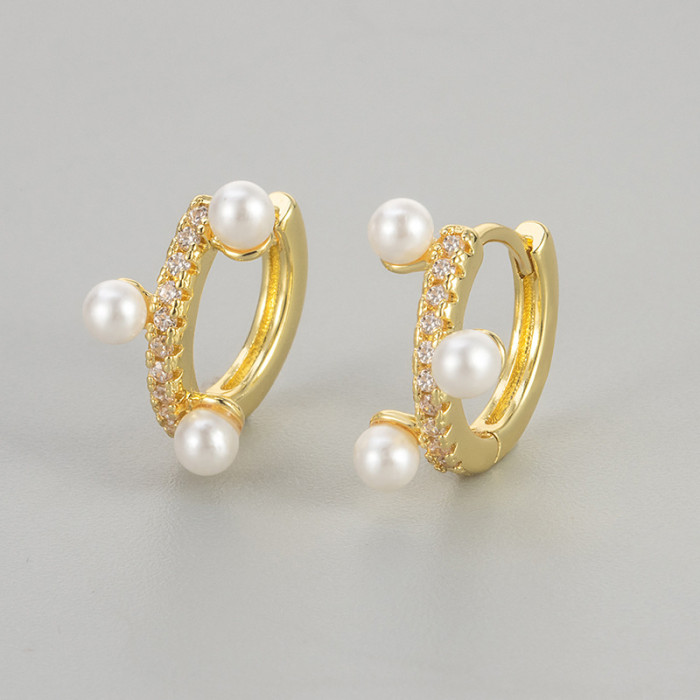Foreign Trade Korean-style Zircon-inlaid Pearl Earrings for Women, Simple and Fashionable Niche Design Hoop Earrings