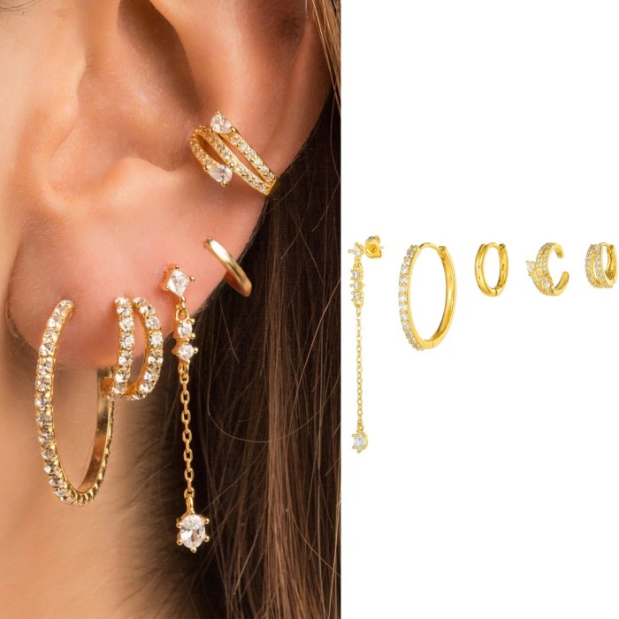 Hoop Earrings with Tassel Pendants, Fashionable Ear Cuffs, Zircon Silver Needle Set, Women's Accessories, Jewelry Sets