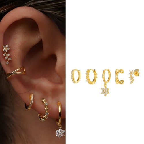 New Floral Fairy-style Earrings, 18K Gold, Copper Micro-inlaid Zircon, Simple Single-ear Ear Clasp, Five-piece Earrin...