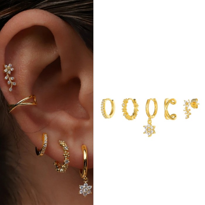 New Floral Fairy-style Earrings, 18K Gold, Copper Micro-inlaid Zircon, Simple Single-ear Ear Clasp, Five-piece Earrin...