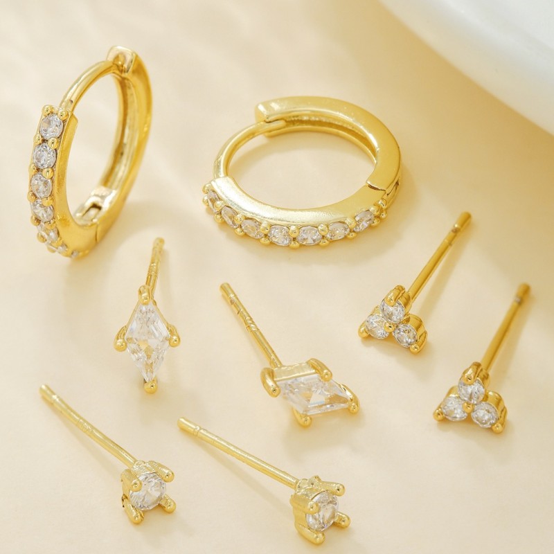 S925 Silver Needle Set of Four Pairs of Simple Earrings, Small and Exquisite Earrings, Real Gold Plating, High-end Se...