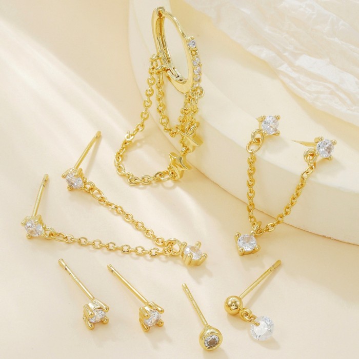Amazon Best-Selling Zircon Chain Pendant Earring Set, Pentagram Tassel Copper Plated 18K Gold Earrings Wholesale, Jew...