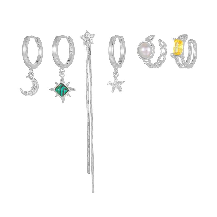 S925 Silver Needle Micro-inlaid Zircon Pendant Earrings, Fashionable and Versatile Star-moon Earring Set, Women's Jew...