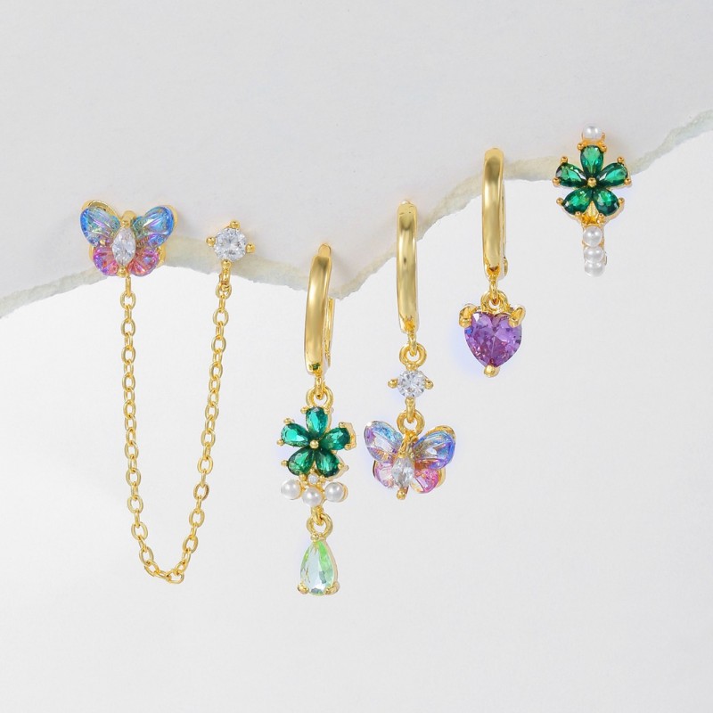 Ins-style Gold Plated Copper Colorful Heart-shaped Pendant, Purple Zircon Earrings, and Pearl Hoop Earring Set, Jewel...