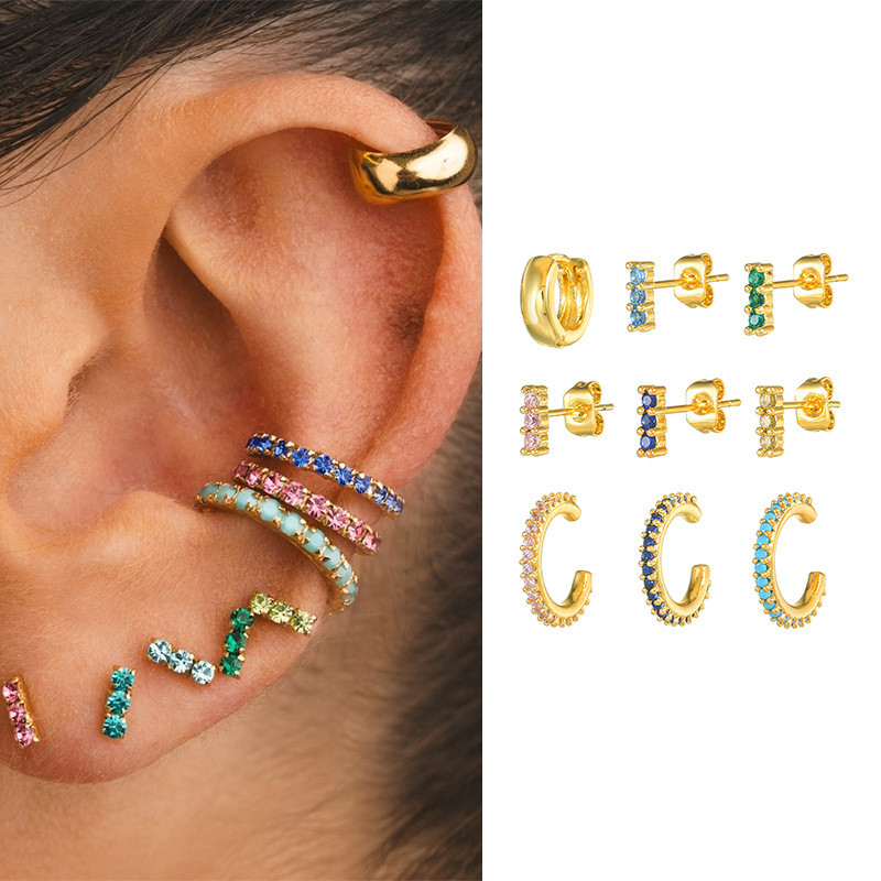 Fashion Colorful Stone-Studded Earring Set, Elegant Ear Cuffs, Hoop Earrings, Copper Plated Gold-Plated Earrings for...