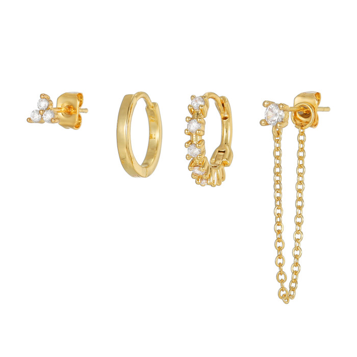 18K Gold Plated Copper Earrings with Zirconia, Fashionable Versatile Chain Pendant Earring Set Wholesale, Jewelry Sets