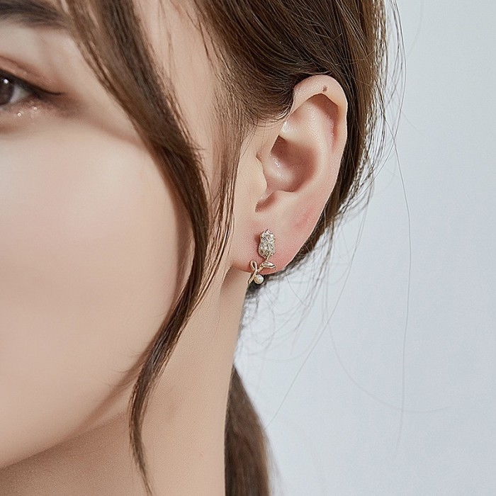 French-style S925 Silver Needle Earrings with Zirconia Inlay and Rose Flower Design, Wholesale, 925 Sterling Silver
