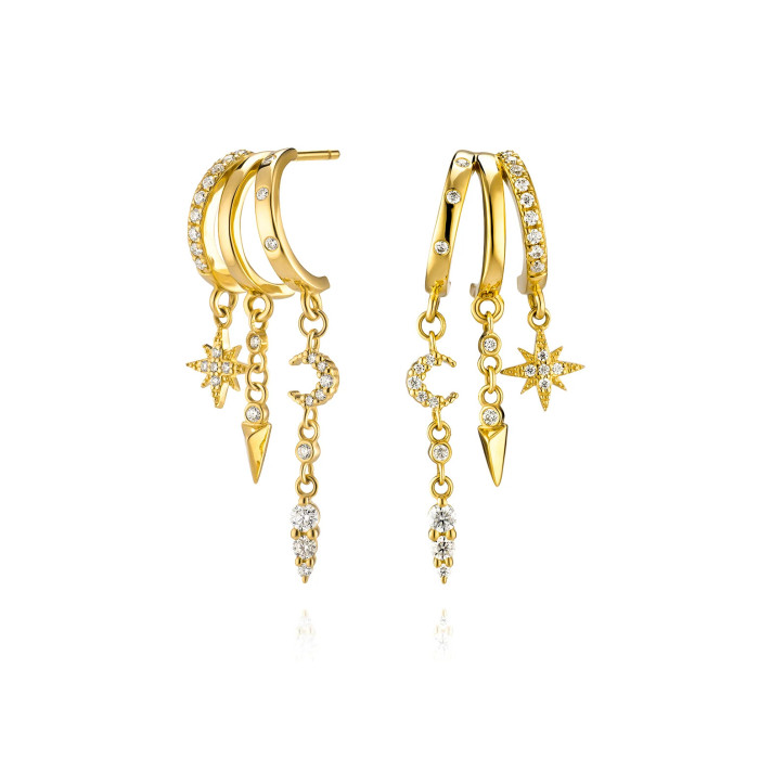 Luxury Design Earrings with Star and Moon Tassels, 18K Gold Plated Copper Inlaid with Zirconia, Women's Earrings
