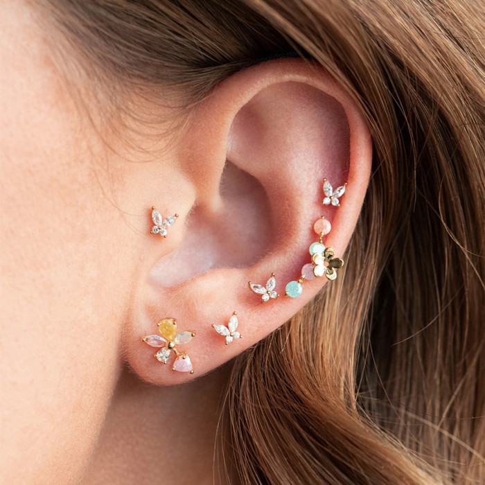Korean-style Fresh Geometric Stud Earrings and Ear Cuffs Set, Micro-inlaid Zircon Fashion Butterfly Earring Combinati...