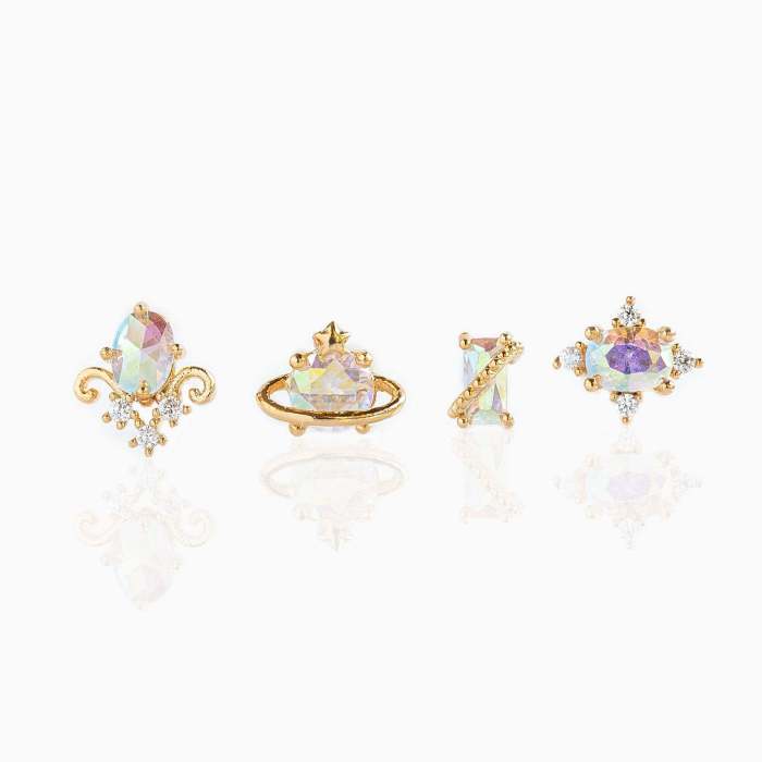 Inlaid Super Shiny Zircon Earrings for Women, Creative French Retro Gold Stud Earrings Set of 4 Pieces, Jewelry Sets