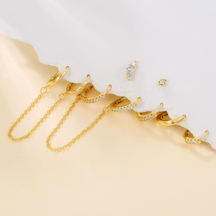 Simple and Stylish Fresh S925 Silver Needle Double Ear Piercing Connected Earrings and Ear Cuffs Chain Personalized E...