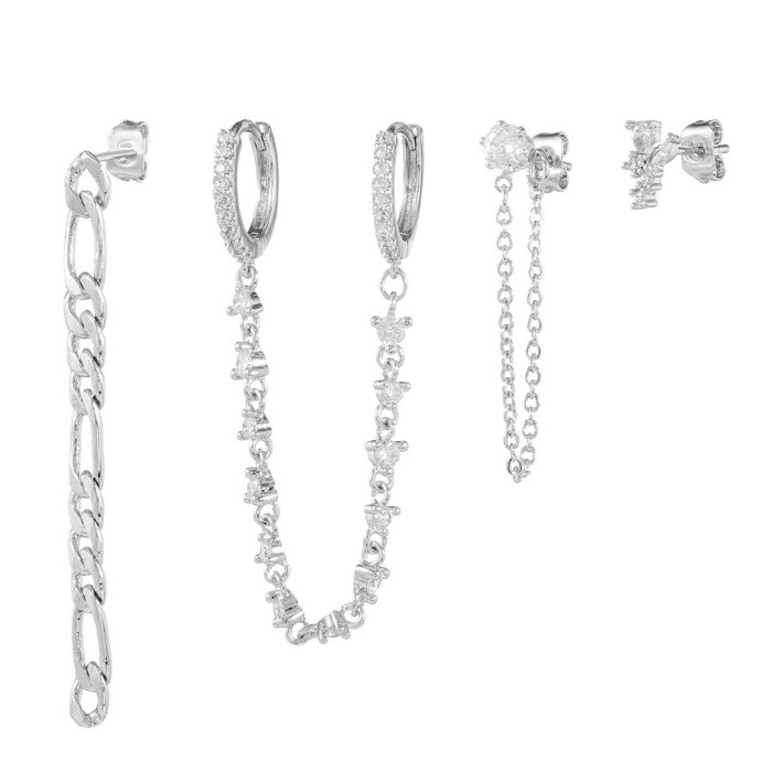 Best-selling Fashion Niche Chain Tassel Pendant Earring Set with Zircon Double Hoop Ear Clasps, Wholesale, Jewelry Sets