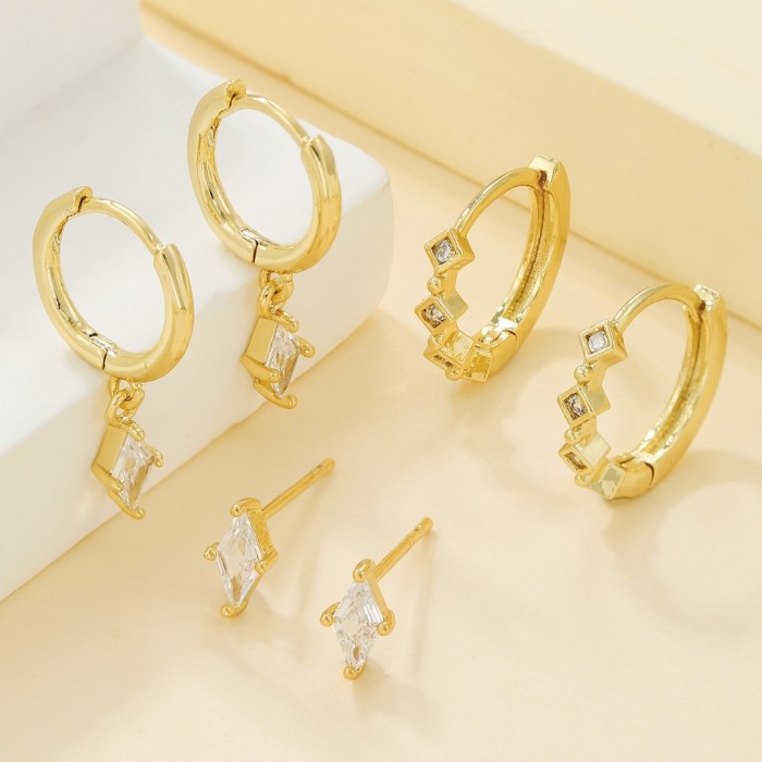 Amazon's Best-selling Zircon-studded Fashion Diamond-shaped Pendant Women's Earrings Three-piece Set, Fresh, Elegant,...