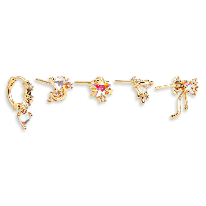New Sweet Heart-Shaped Bow Earring Set for Women, Exquisite Colorful Zircon 18K Earrings Wholesale, Jewelry Sets