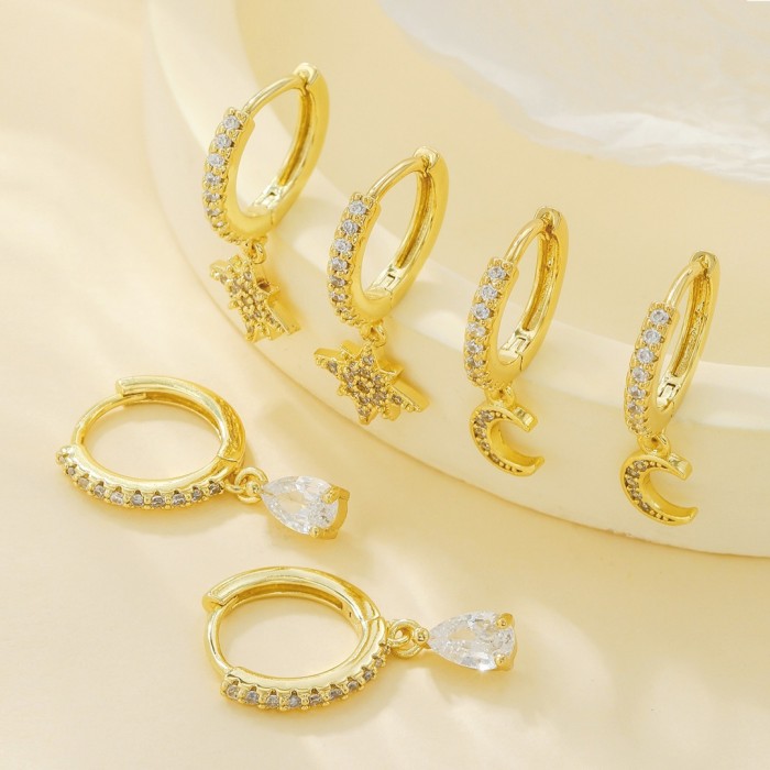Niche Instagram-style Zircon-inlaid Copper Stud Star-moon Water Drop Earrings, Hoop Earrings, 18K Gold Plated Non-fad...