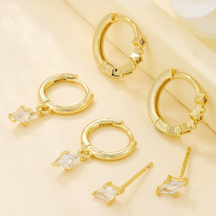 Amazon's Best-selling Zircon-studded Fashion Diamond-shaped Pendant Women's Earrings Three-piece Set, Fresh, Elegant,...