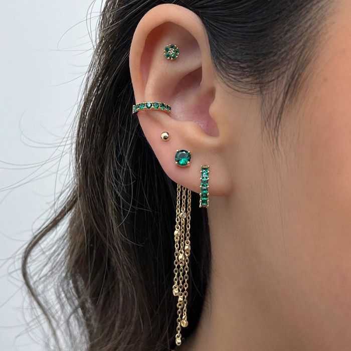 Fashion Flower Tassel Chain Earrings 18K Light Luxury Design Green Zirconia Earring Set for Women, Jewelry Sets
