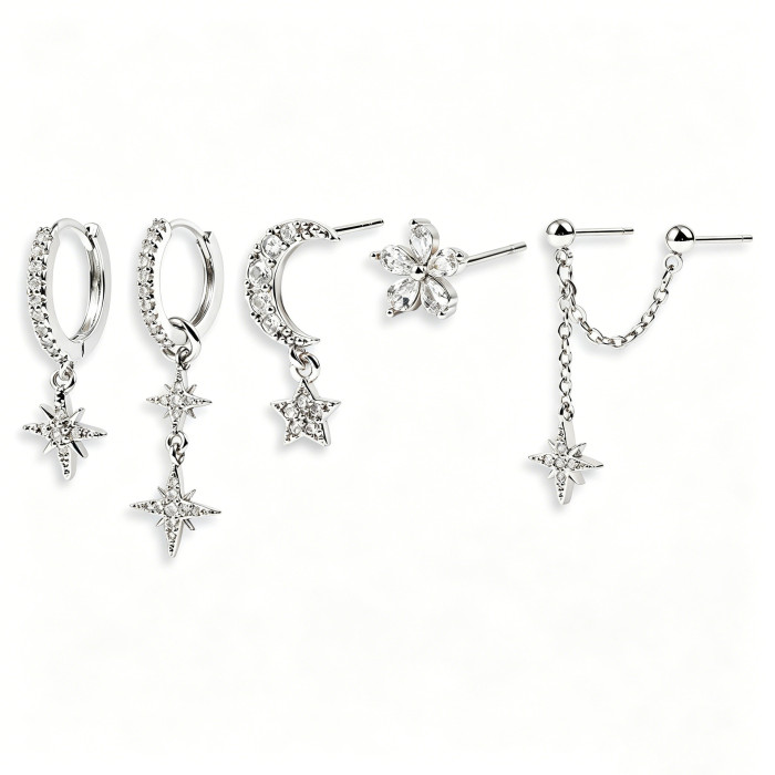 Best-selling Fashion Stone-Studded Star and Moon Earrings, Personalized Versatile Earring Set, Five-piece Earring A...