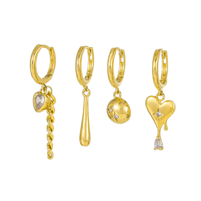Niche Fashion Chain Heart-shaped Earrings Set for Women, Light Luxury Temperament Heart-shaped Zircon Earrings 4-piec...