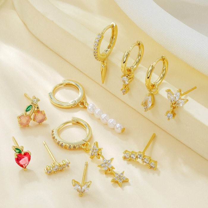 Fashion Fruit Geometric Earrings for Women, Light Luxury Pearl Pendants, Multi-piercing Ear Stud Sets Wholesale, Jewe...