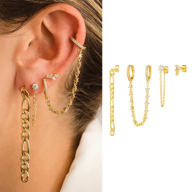 Best-selling Fashion Niche Chain Tassel Pendant Earring Set with Zircon Double Hoop Ear Clasps, Wholesale, Jewelry Sets