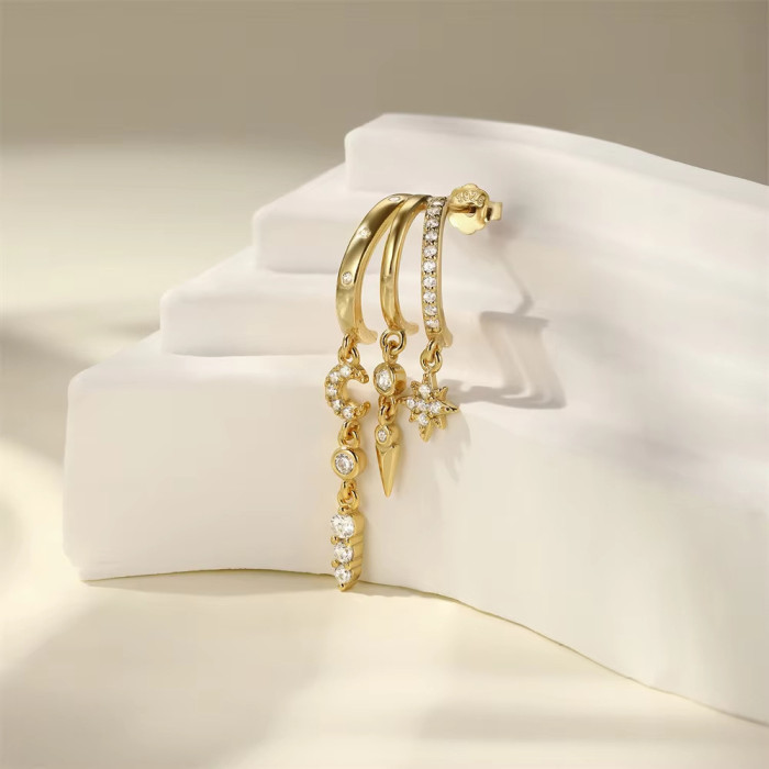 Luxury Design Earrings with Star and Moon Tassels, 18K Gold Plated Copper Inlaid with Zirconia, Women's Earrings