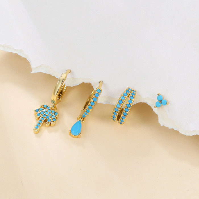 Fashion Creative Niche Coconut Tree Pine Blue Zircon Hoop Earrings for Women Geometric Earring Set Wholesale, Jewelry...
