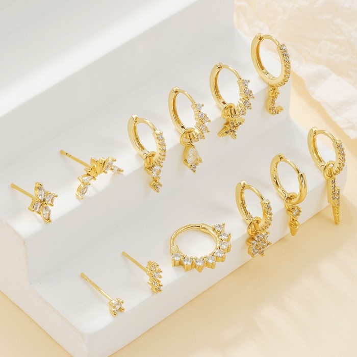 Personalized Trendy Star and Moon Earring Set, Fashionable Multi-piercing 18K Zirconia Circle Earrings Wholesale, Jew...