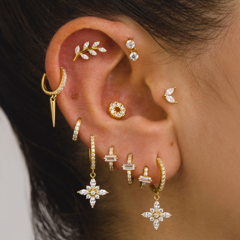 18K Gold Plated Copper Earring Set with Flower Pendant and Ear Clasps, Fashionable and Unique Multi-piercing Stud Ear...
