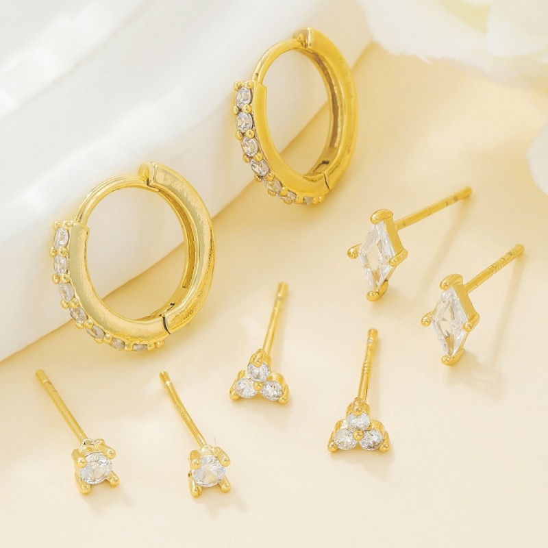 S925 Silver Needle Set of Four Pairs of Simple Earrings, Small and Exquisite Earrings, Real Gold Plating, High-end Se...