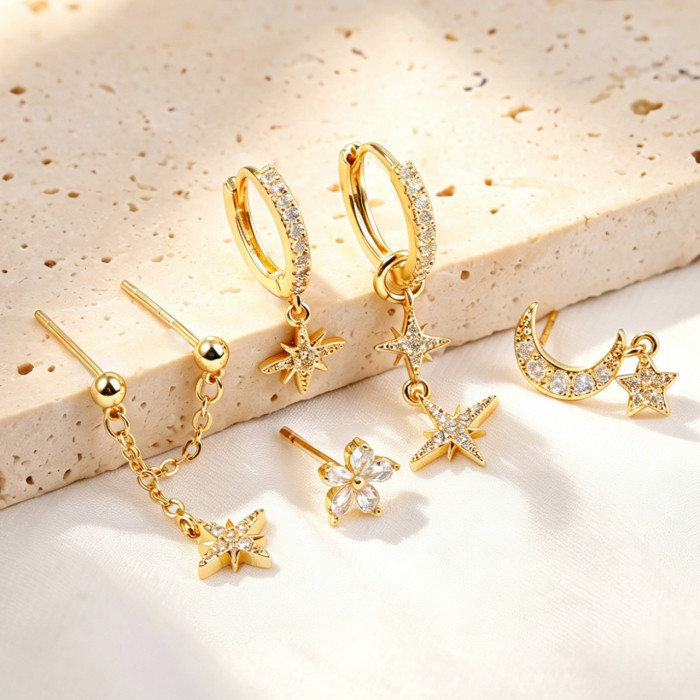 Best-selling Fashion Stone-Studded Star and Moon Earrings, Personalized Versatile Earring Set, Five-piece Earring A...