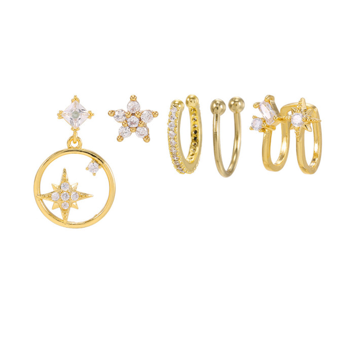 18K Real Gold Plated S925 Silver Needle 5-piece Set of Small Earrings for Women, Korean Style, Simple and Elegant Geo...