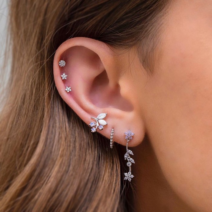 New Floral Pendant Earring Set, Versatile and Stylish, Zircon Leaf Earrings Six-piece Set for Women, Jewelry Sets