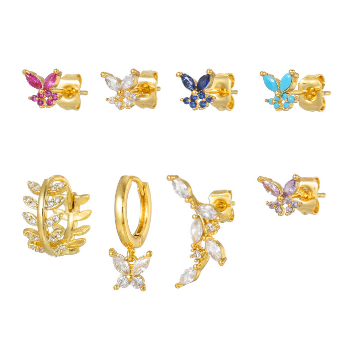 Ins-style S925 Silver Needle Earrings, Ultra-fairy Colorful Zircon Butterfly and Leaf Pendant Earrings, Eight-piece S...