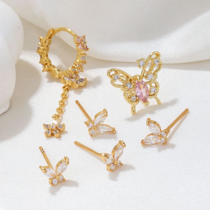 18K Gold Plated Copper Earrings with a Unique Design, Simple and Sweet Butterfly and Flower Pendant Earring Set, Earr...